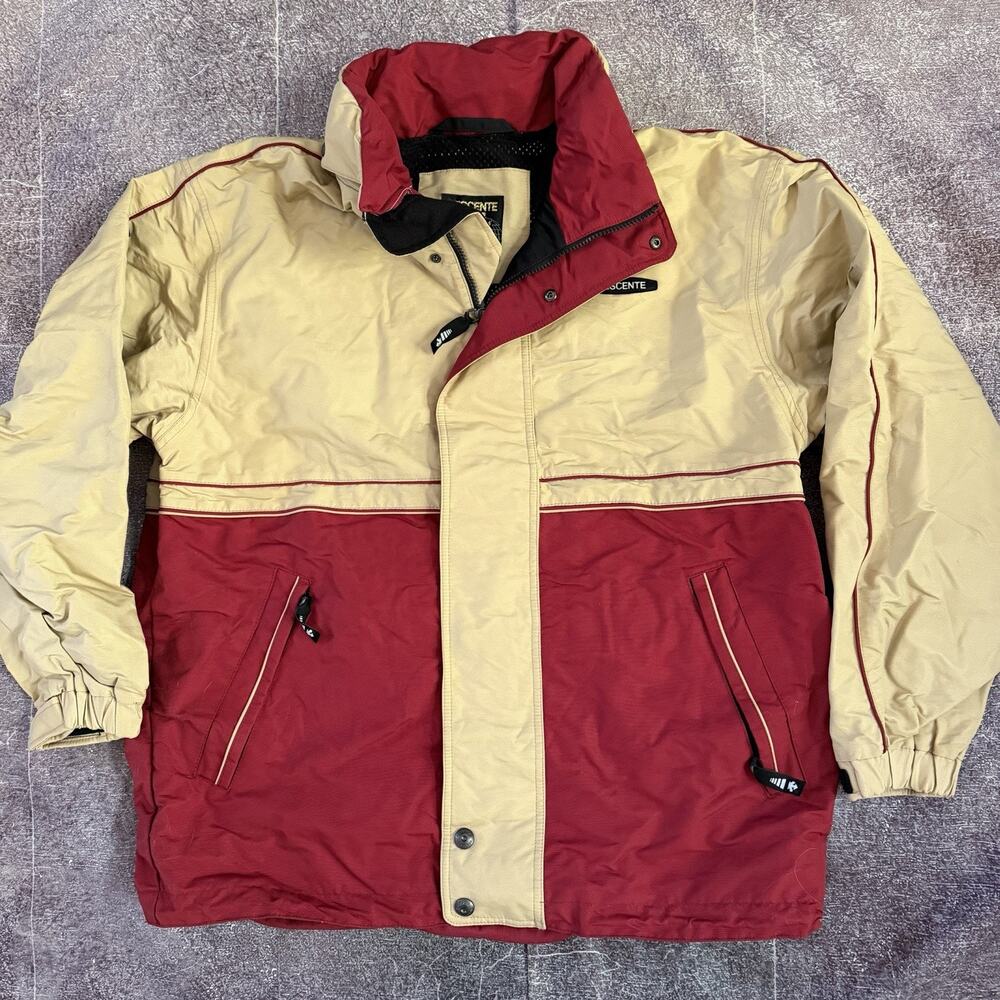 Men's Vintage 90s Descente Beige Red Color Block Mesh Lined Ski Coat Jacket Sz L